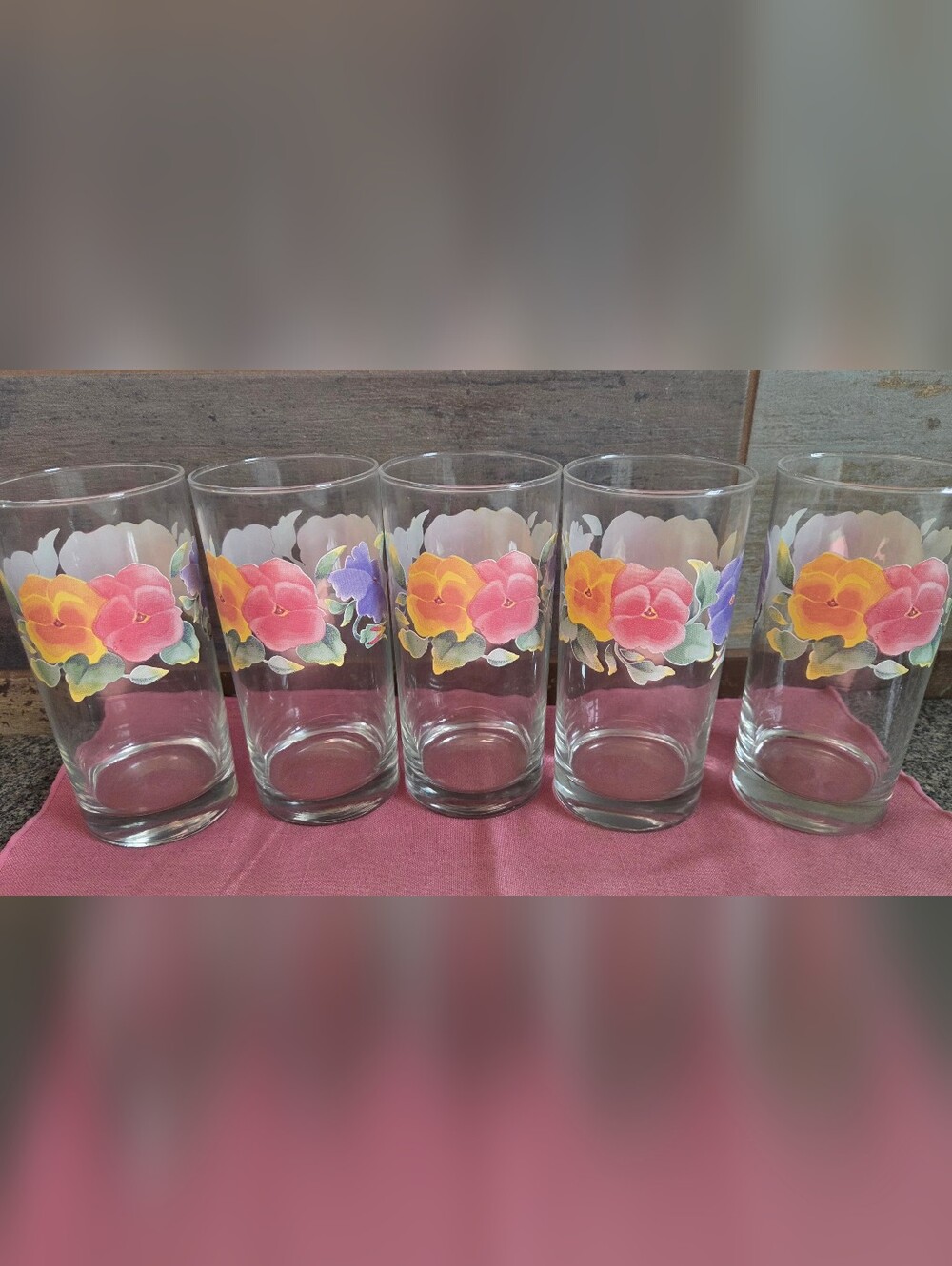 Vintage Corelle Summer Blush Pansy Tumblers 6” Drinking Glass Glasses Set Of 5